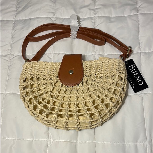 Cream and Brown Crossbody Bag with Woven Straw and Leather Flap - Picture 1 of 7